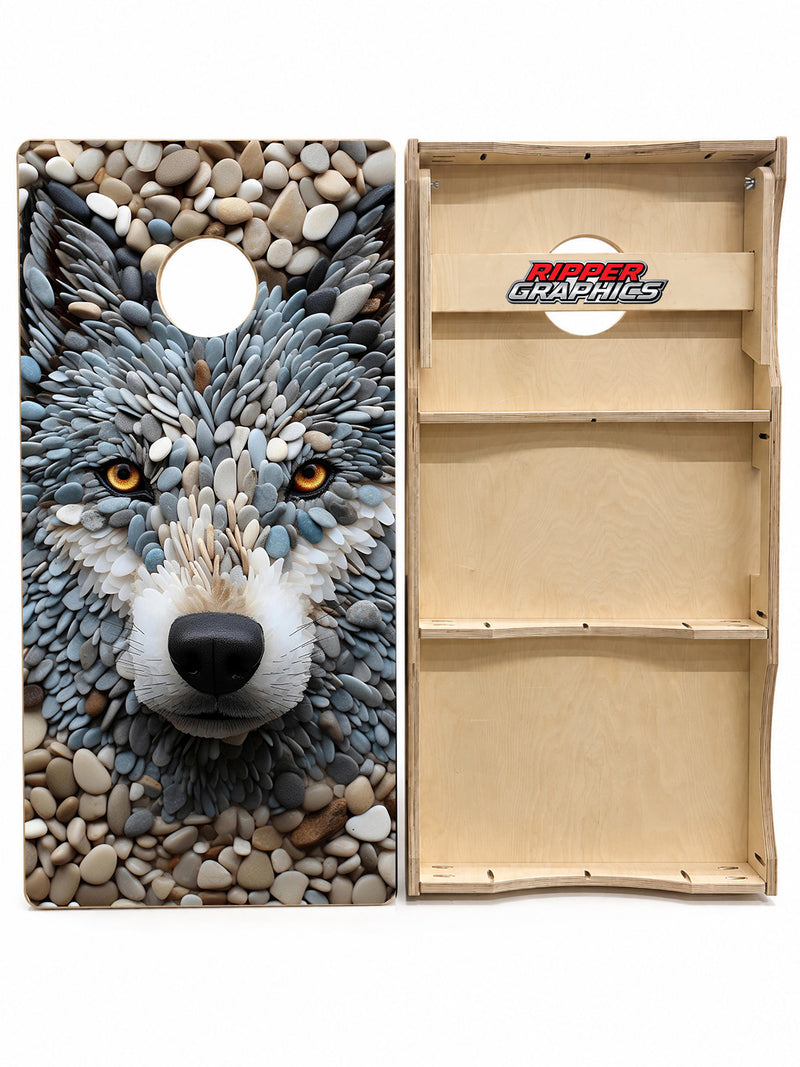 Stone Wolf Face Cornhole Design