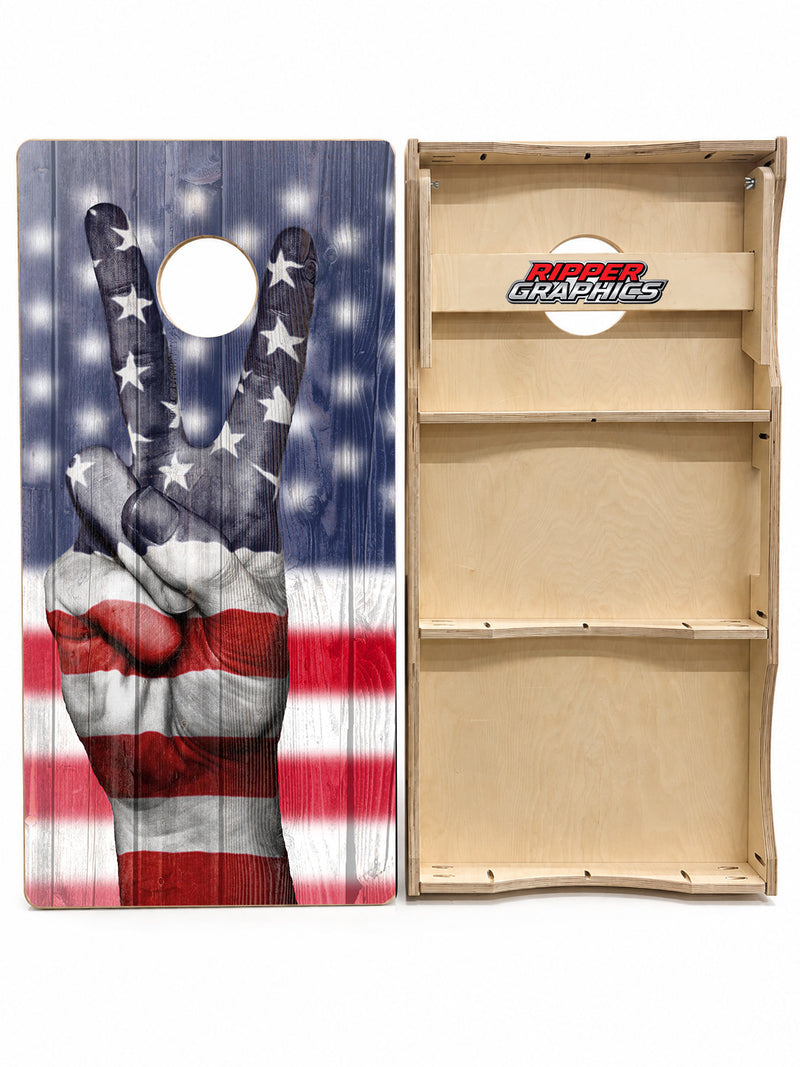 Patriotic Peace Sign Barnwood Cornhole Design