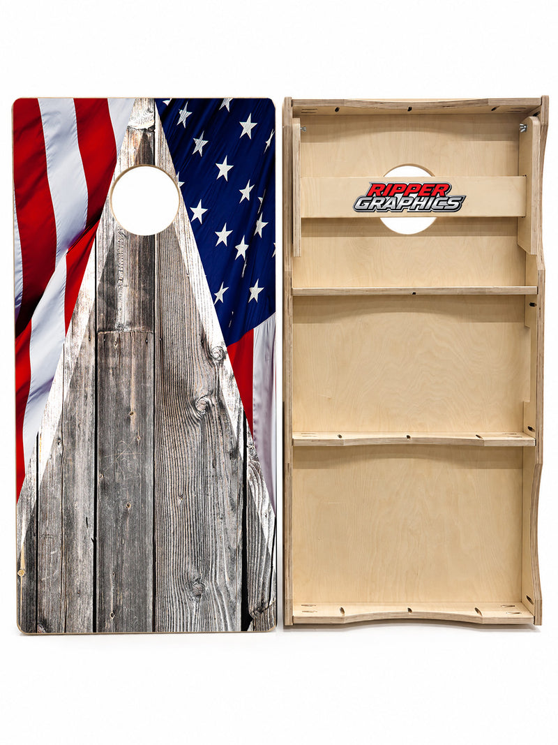 Patriotic Flag & Barnwood Cornhole Design