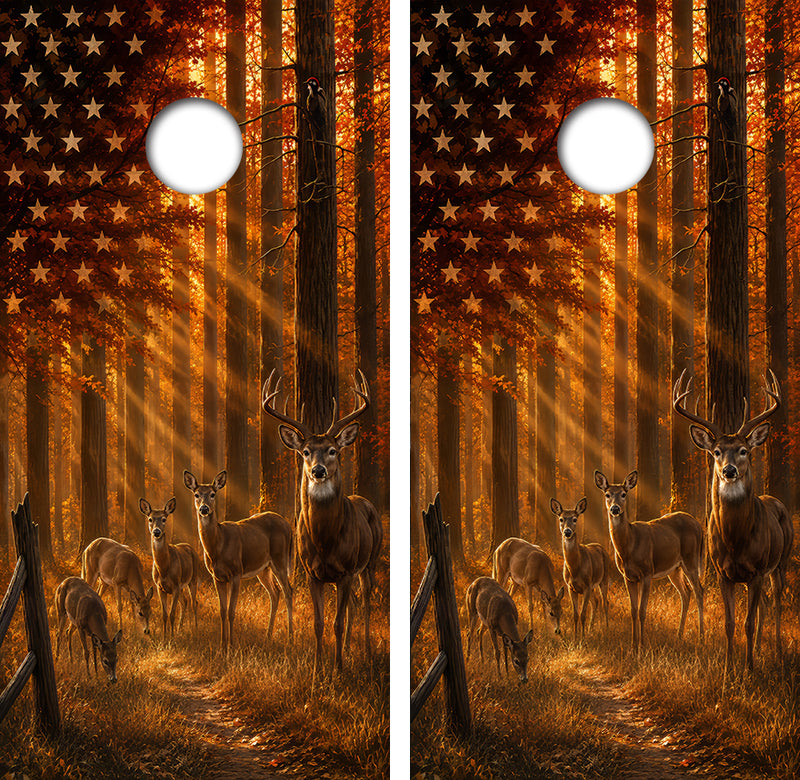 Deer Hunting American Flag Cornhole Design