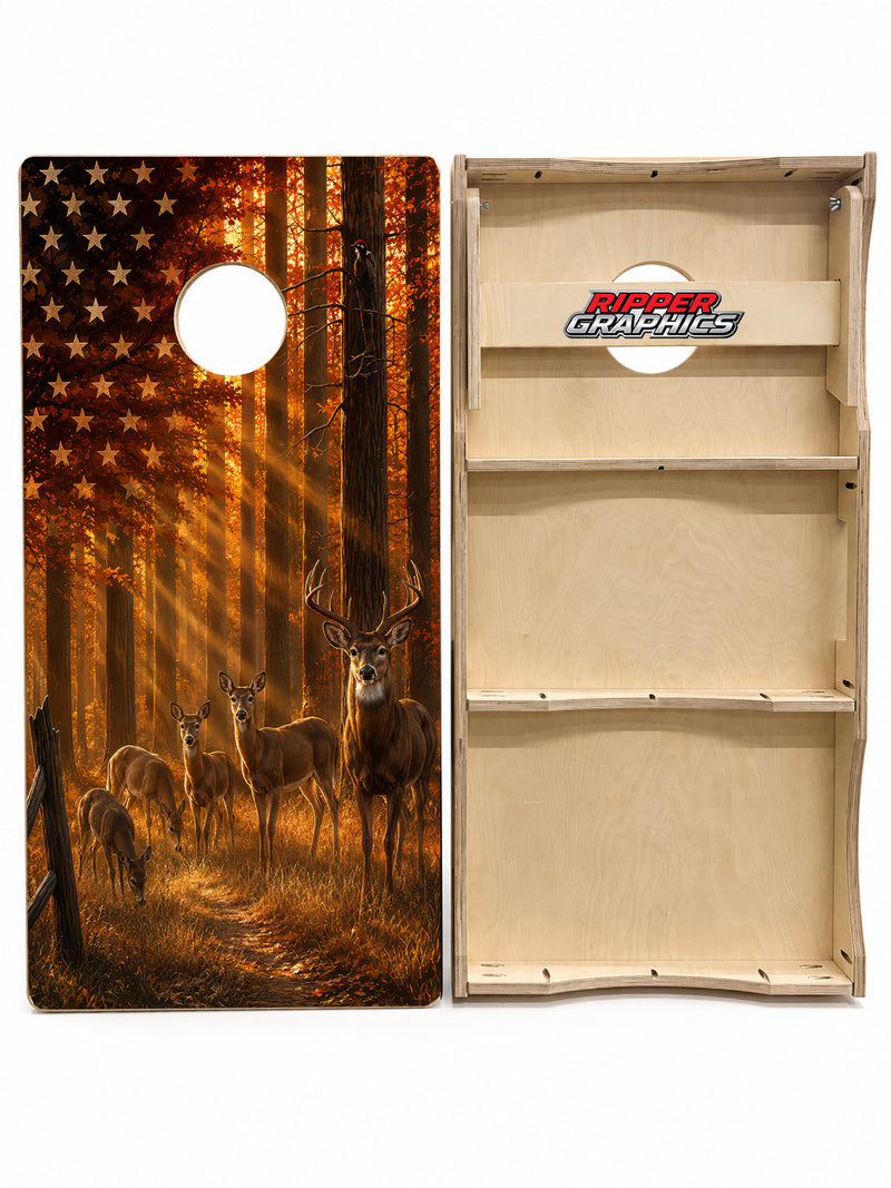 Deer Hunting American Flag Cornhole Design