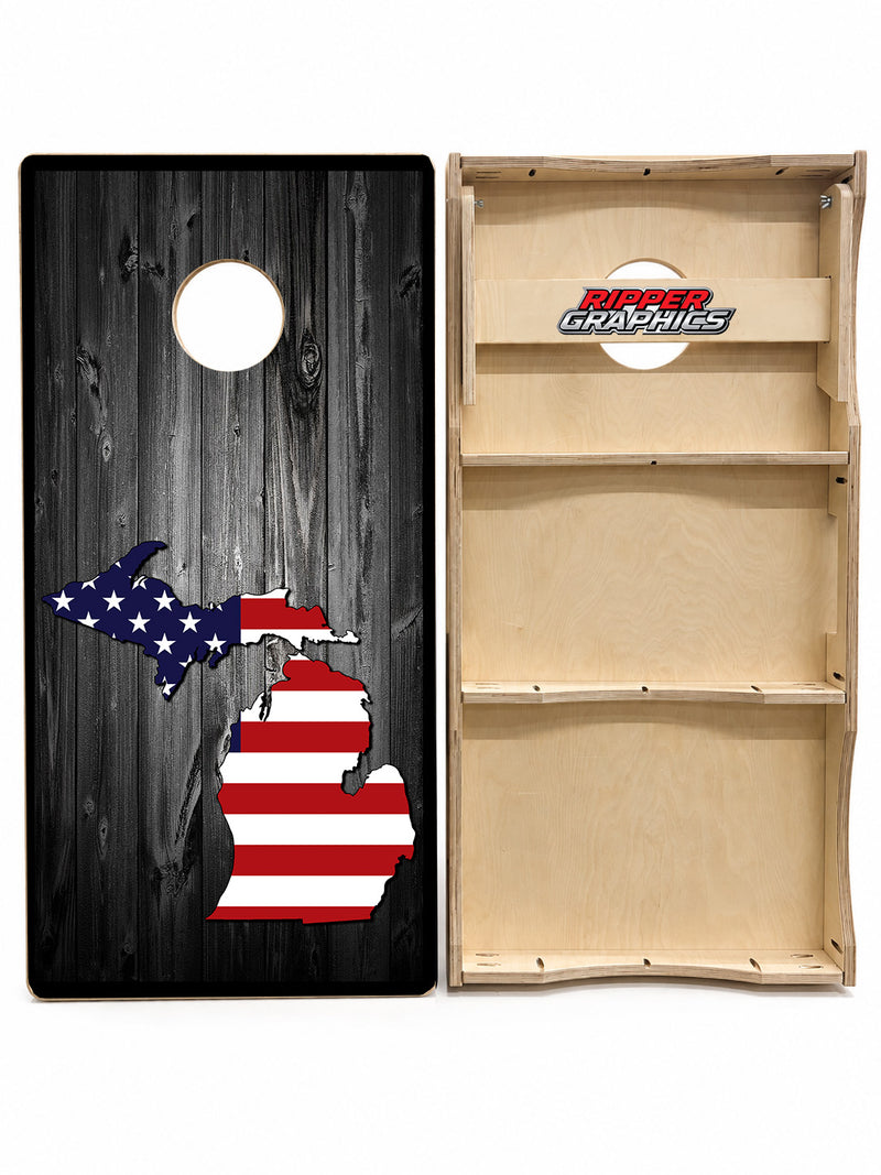 US Flag Michigan Barnwood Cornhole Design