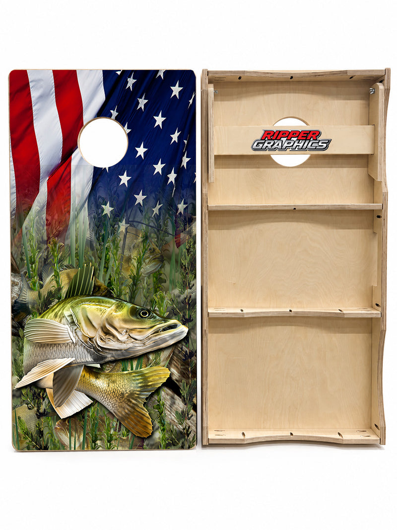Walleye Fish American Flag Cornhole Design