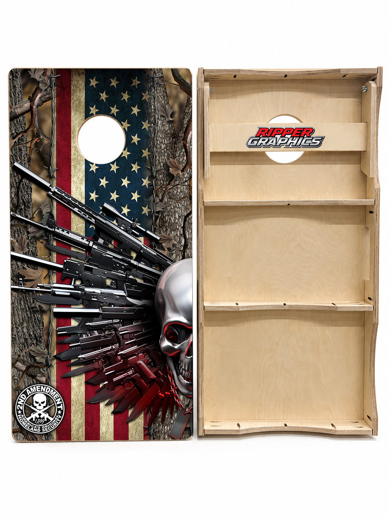 American Flag Skull Guns Cornhole Design