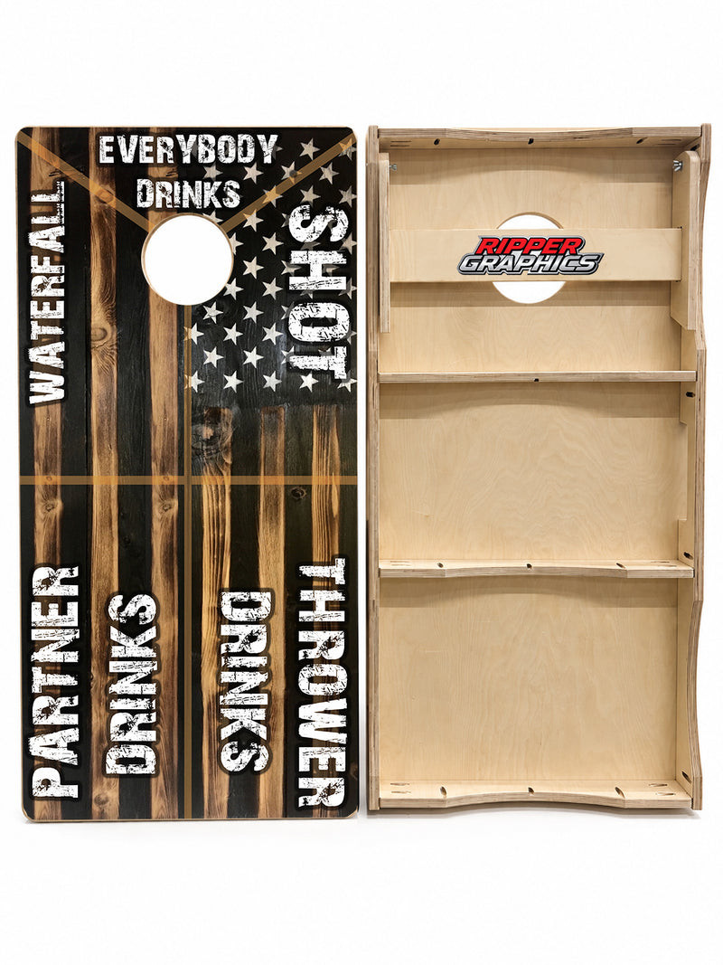 Rustic Flag Drinking Game Cornhole Design