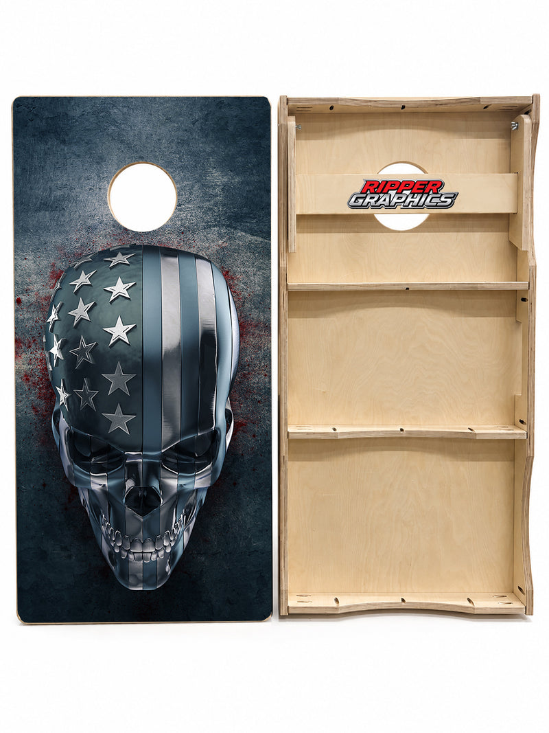 Chrome Skull American Flag Cornhole Design