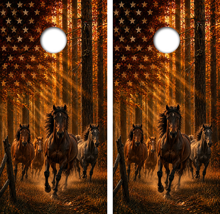 Wild Horses American Flag Cornhole Wrap Decal with Free Laminate Included