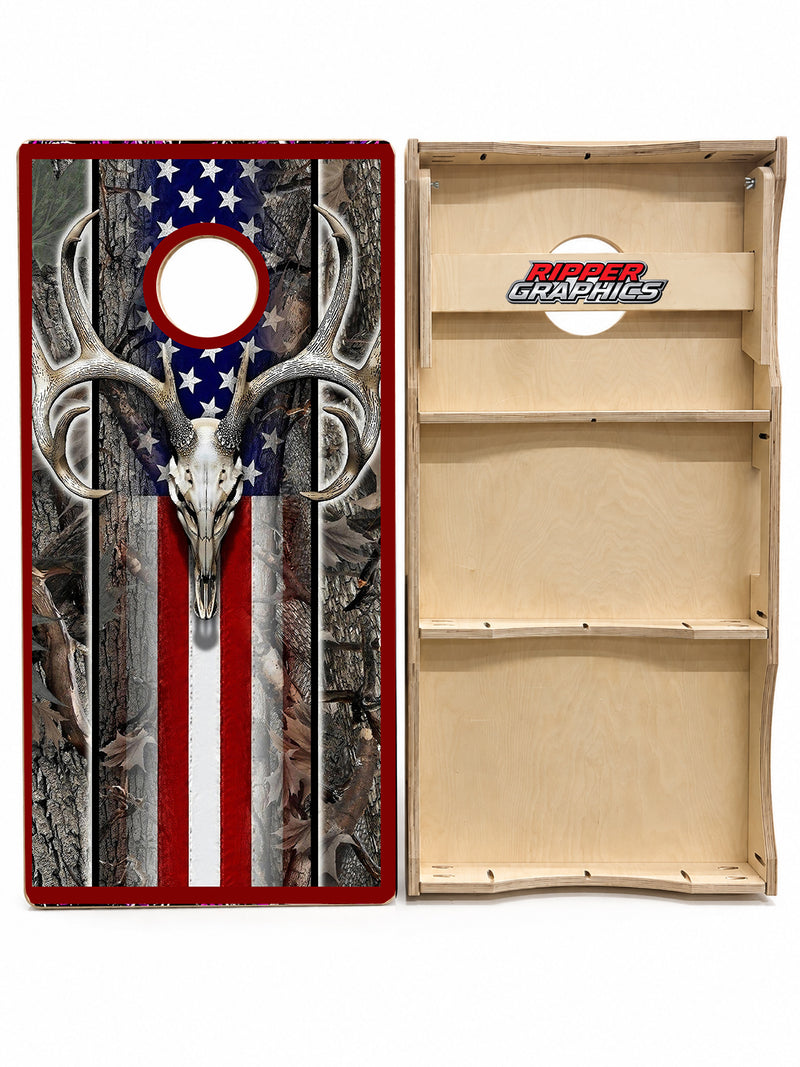 Deer Skull American Flag Cornhole Design