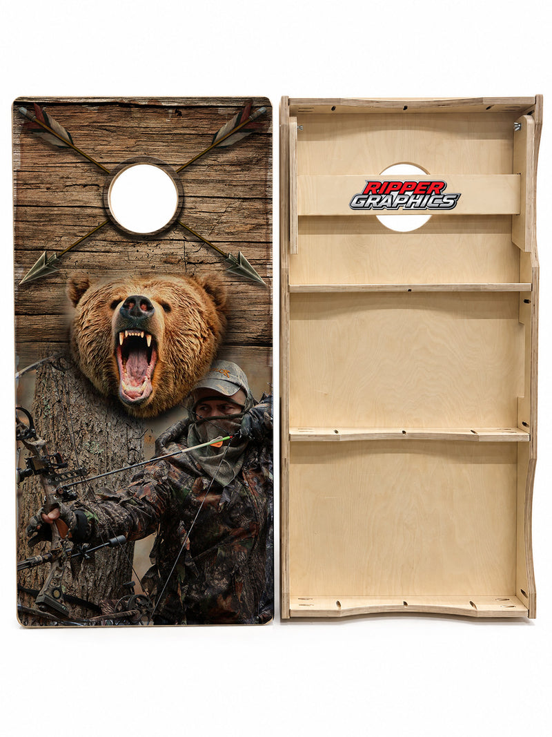 Bow Hunter With Bear Cornhole Design
