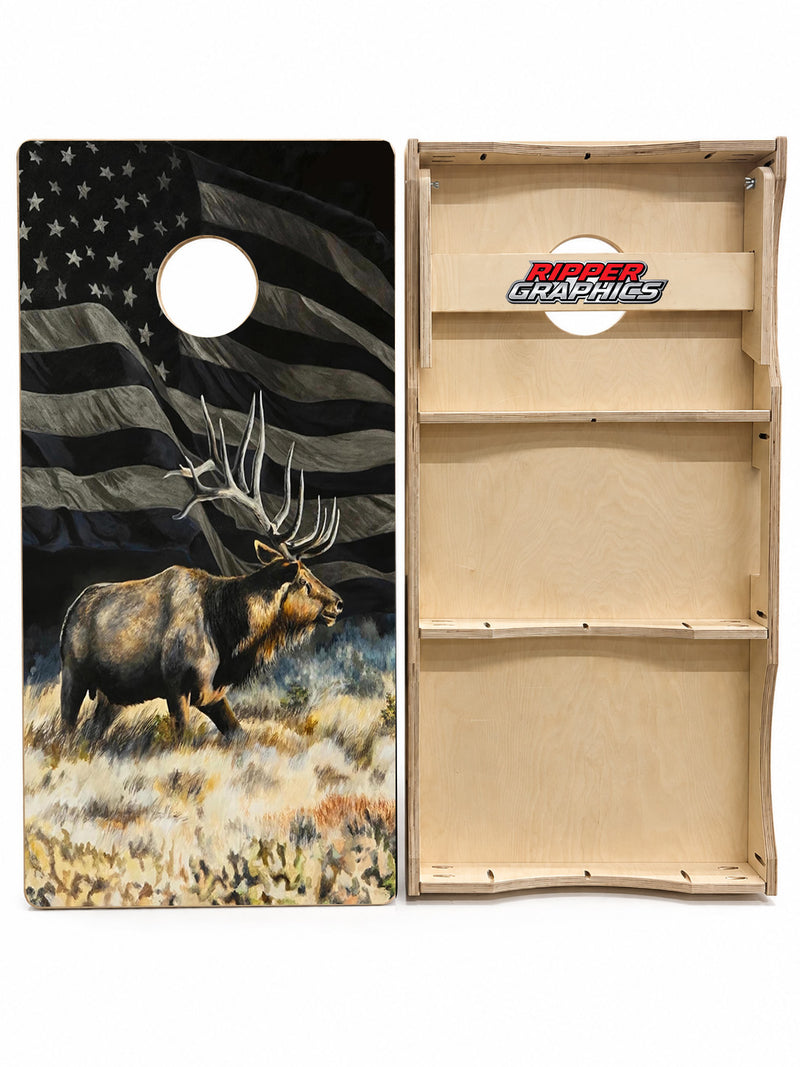 Bull Elk American Flag Cornhole Design