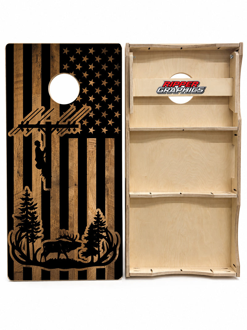 Elk Hunting Lineman American Flag Cornhole Design