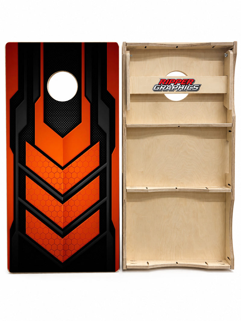 Orange Black Honeycomb Cornhole Design