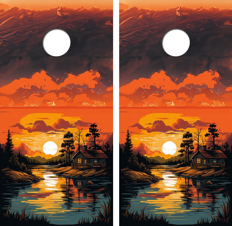 Sunset at the Cabin on the Lake Cornhole Design