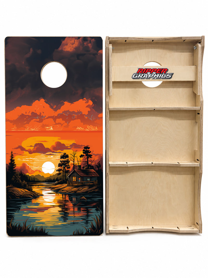 Sunset at the Cabin on the Lake Cornhole Design