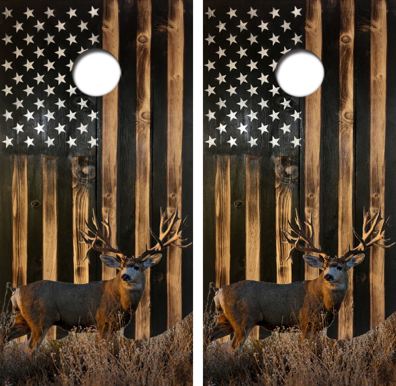 Rustic American Flag Mule Deer Cornhole Design