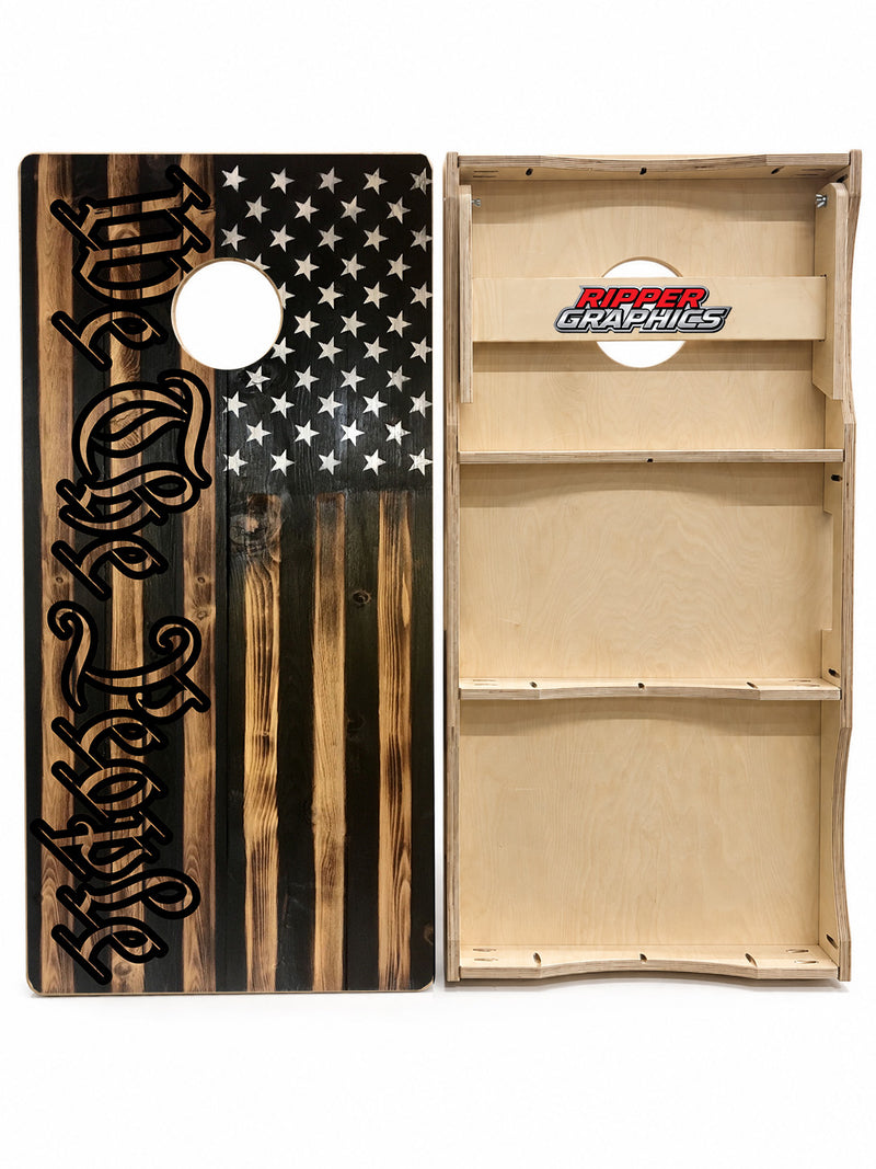 We The People Rustic American Flag Cornhole Design
