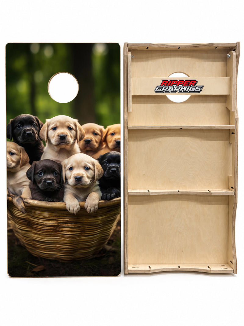 Basket of Cute Chocolate Labrador Retreive Puppies Cornhole Design