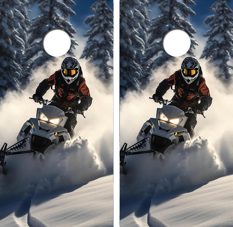 Snowmobiling in the Mountains Cornhole Design