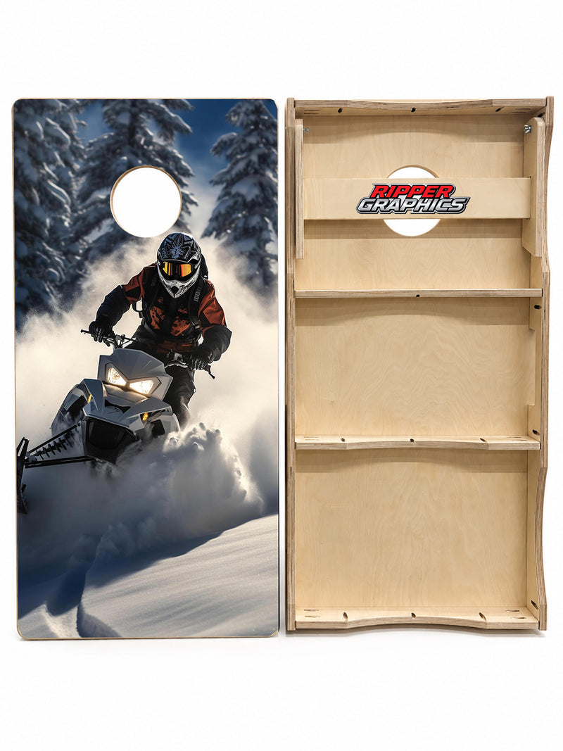 Snowmobiling in the Mountains Cornhole Design