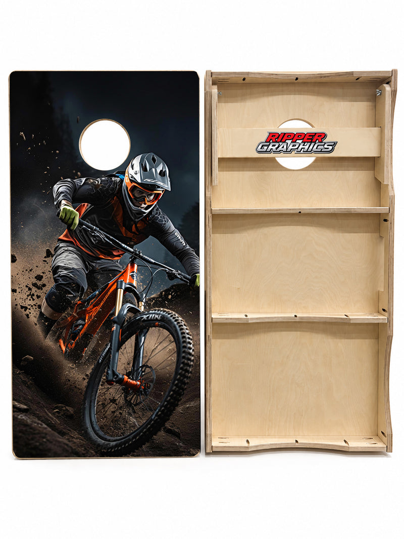 Downhill Mountain Bike Racer Cornhole Design