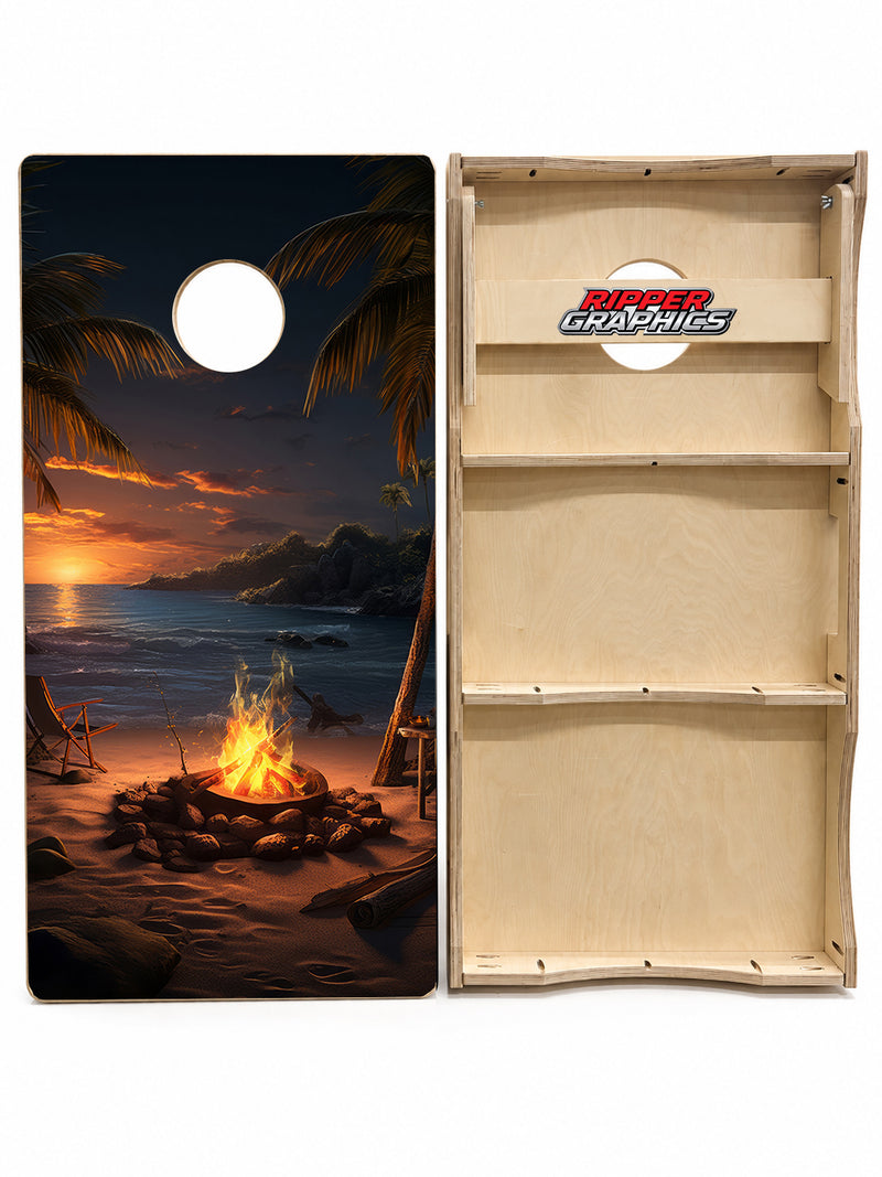 Fire on the Beach at Sun Set Cornhole Design