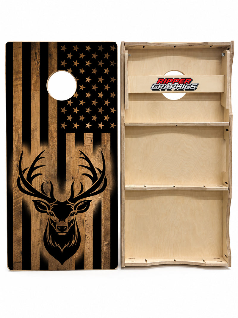 Deer Bass American Flag Cornhole Design