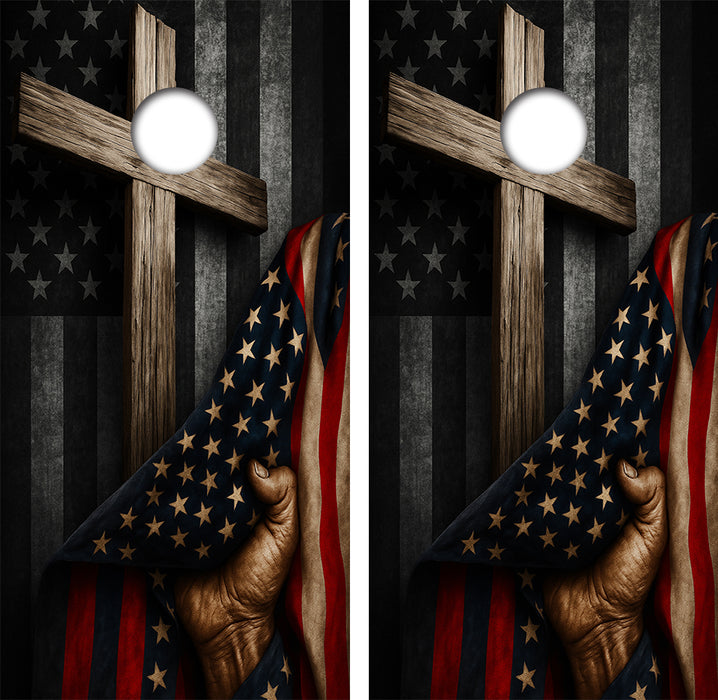American Flag Cross Cornhole Wrap Decal with Free Laminate Included