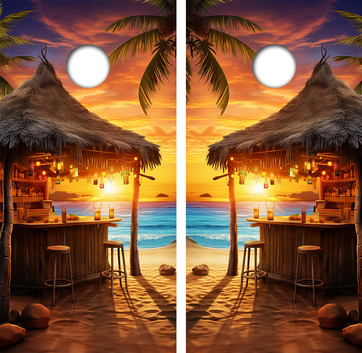 Beach Tiki Hut Cornhole Wrap Decal with Free Laminate Included