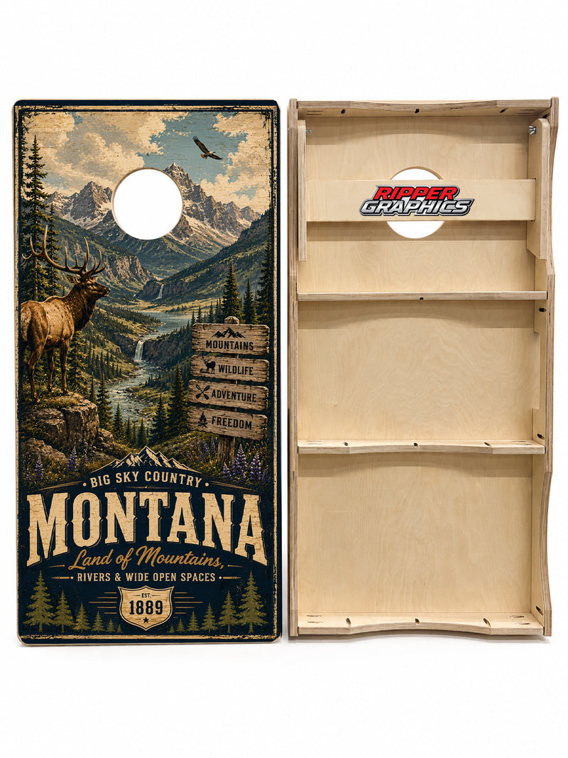 Montana Land of Mountains Cornhole Design