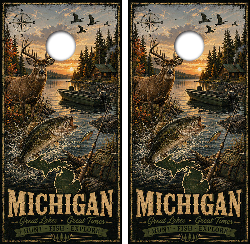 Michigan Hunt Fish Explore Cornhole Design