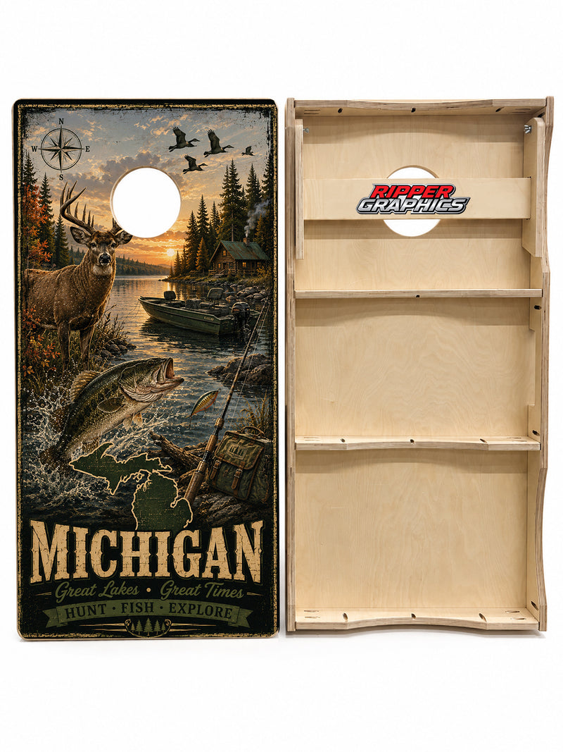Michigan Hunt Fish Explore Cornhole Design