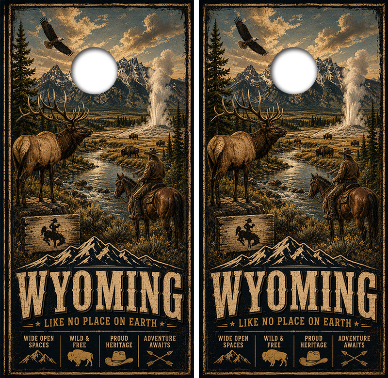 Wyoming Like No Place on Earth Cornhole Design