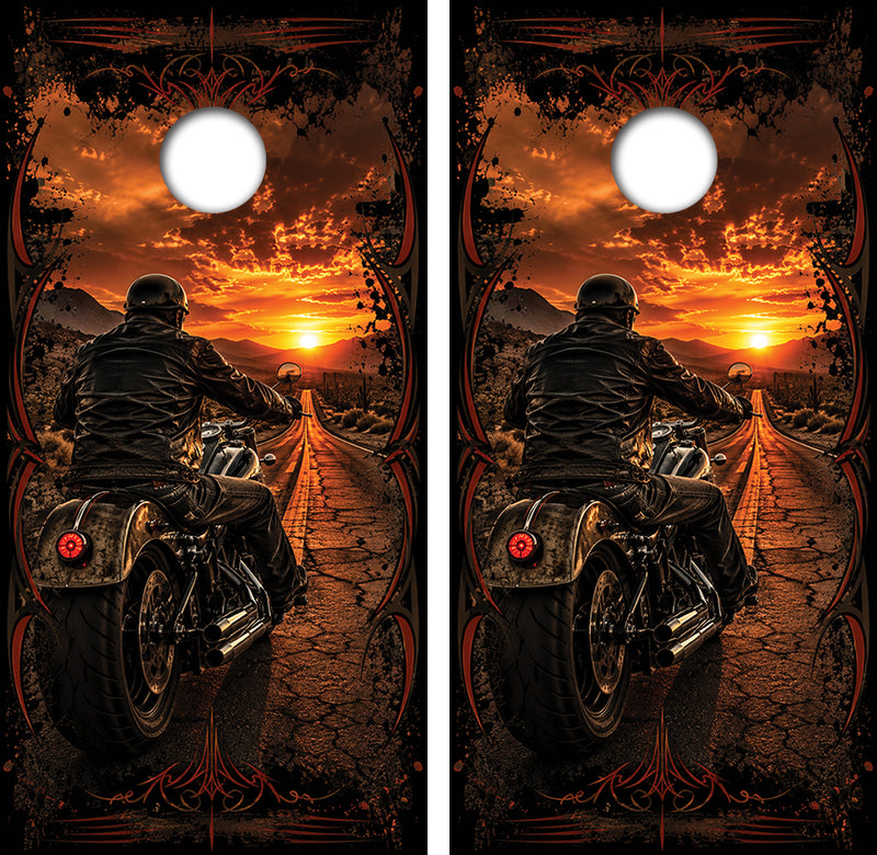 Harley Rider at Sun Set Cornhole Design