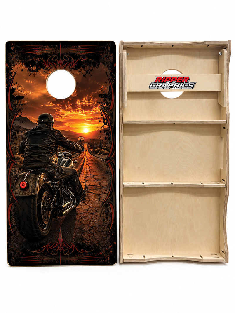 Harley Rider at Sun Set Cornhole Design