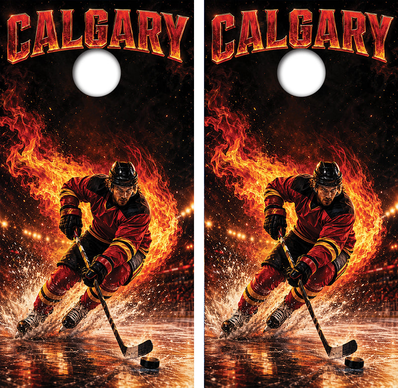 Calgary Flames Inspired Cornhole Design