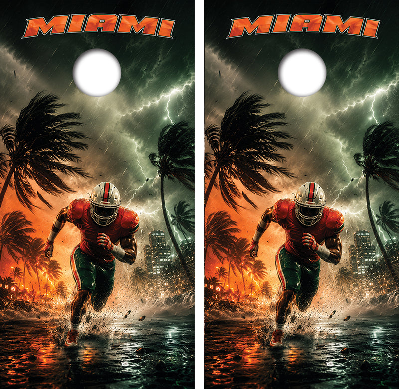 Miami Hurricanes Football Inspired Cornhole Design