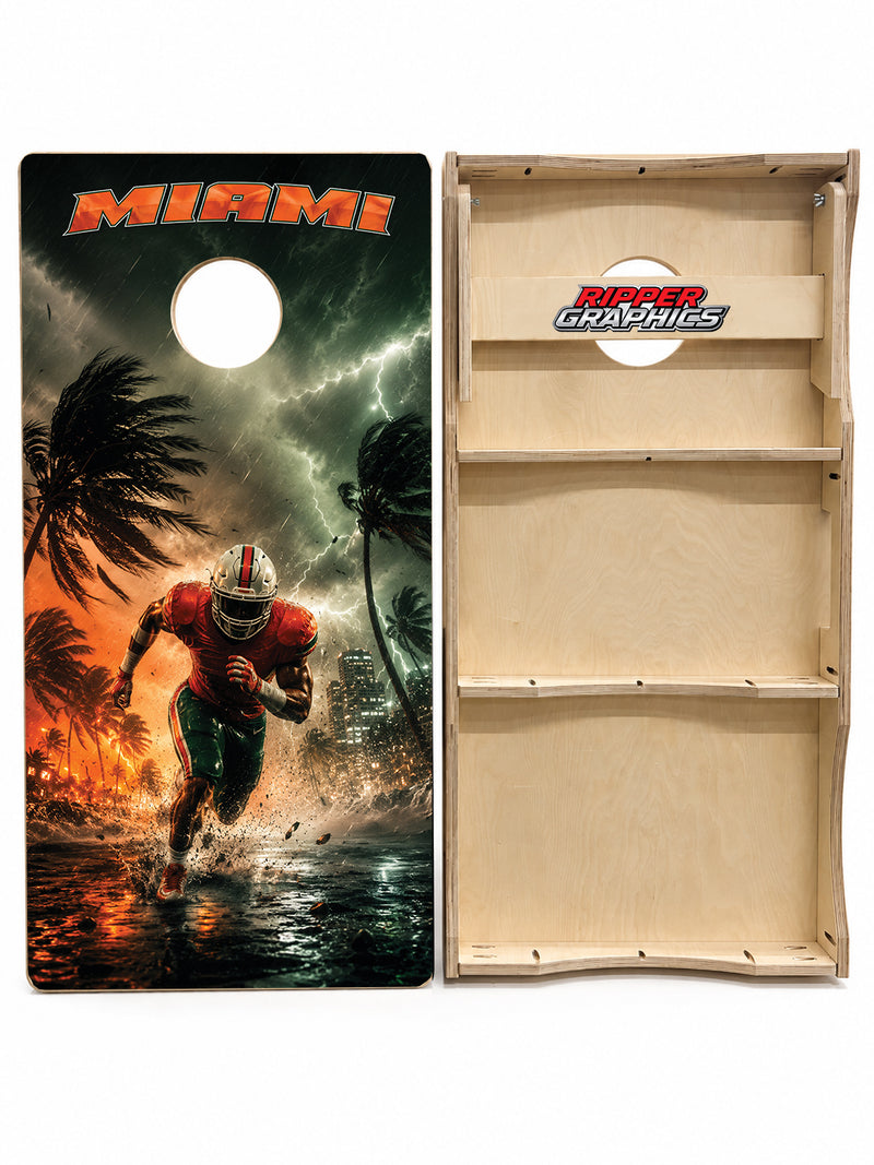 Miami Hurricanes Football Inspired Cornhole Design
