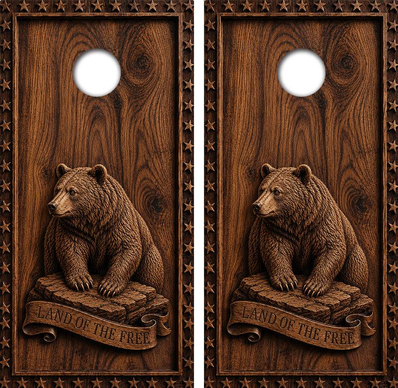 Wood Carved Bear Cornhole Design