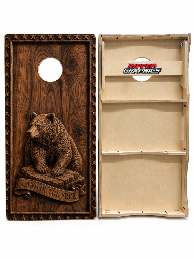 Wood Carved Bear Cornhole Design