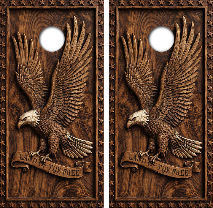 Wood Carved Eagle Cornhole Wrap Decal with Free Laminate Included