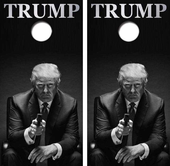 Trump Holding A Pistol Cornhole Wrap Decal with Free Laminate Included