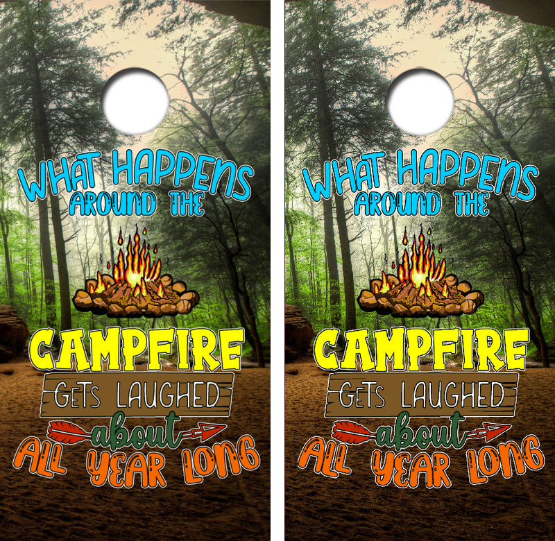 What Happens Around the Campfire Cornhole Design