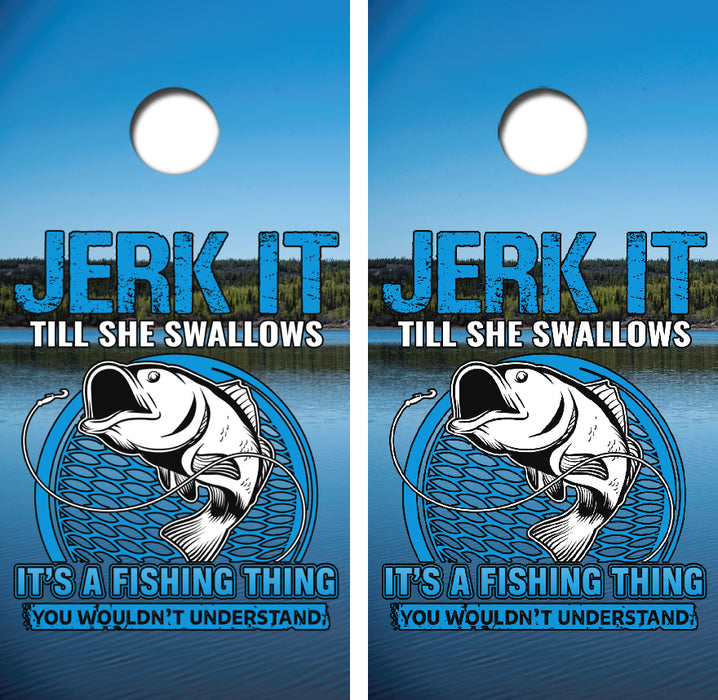 Jerk It Fishing Cornhole Wrap Decal with Free Laminate Included