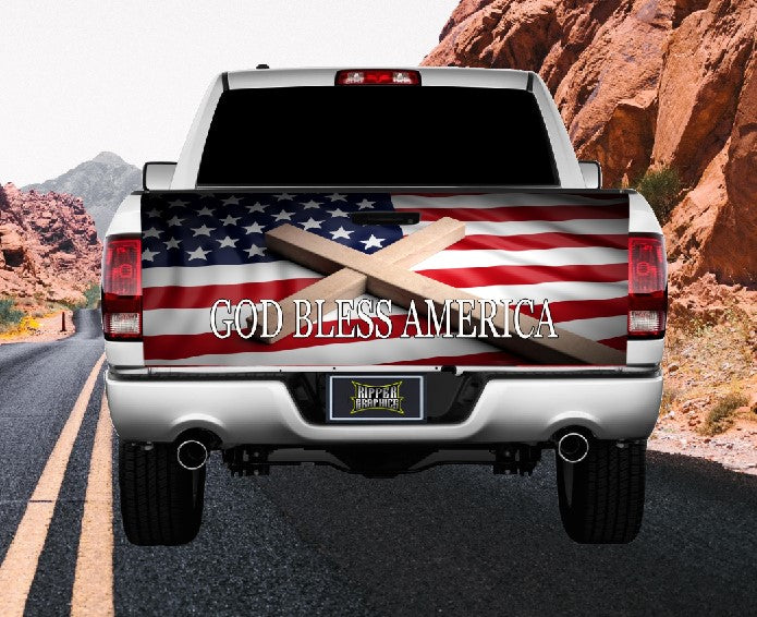 God Bless America Cross Tailgate Wrap Vinyl Graphic Decal Sticker