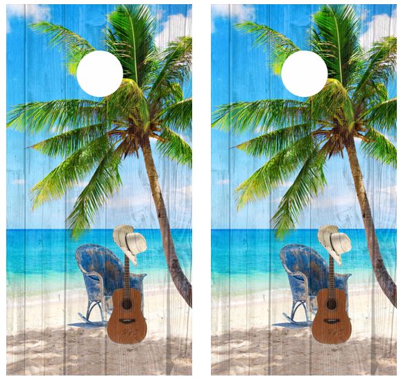 Tropical Palm Tree Guitar Beach Barnwood Cornhole Wood Board Skin Wr