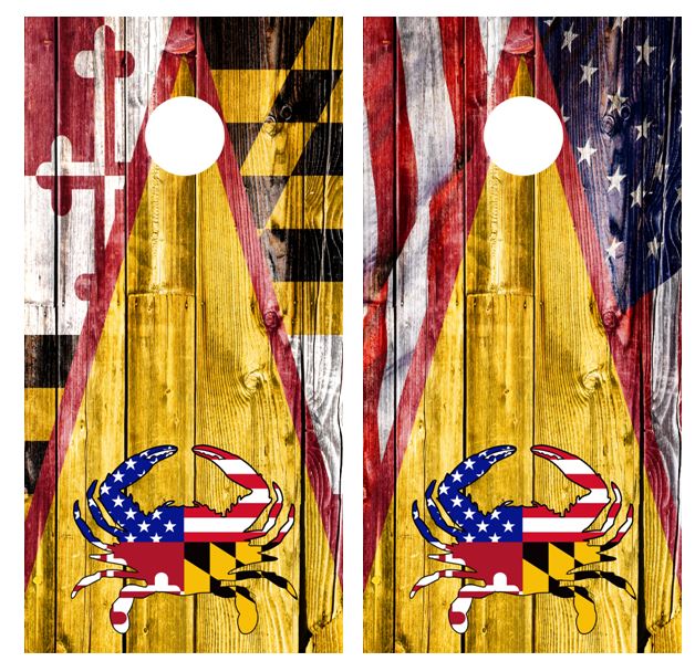 Maryland Flag American Flag Crab Barnwood Cornhole Design