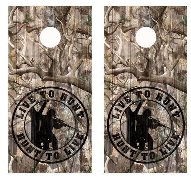 Live To Hunt Hunt To Live Camo Barnwood Cornhole Wood Board Skin Wr