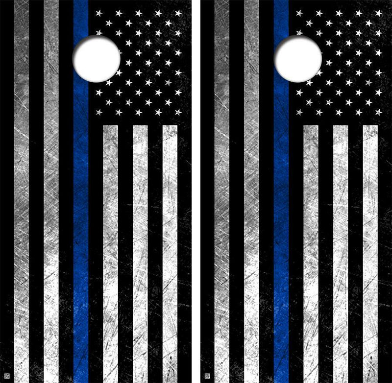 Grunge Blue Lives Flag Cornhole Design