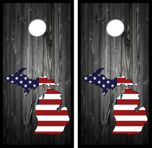 US Flag Michigan Barnwood Cornhole Design