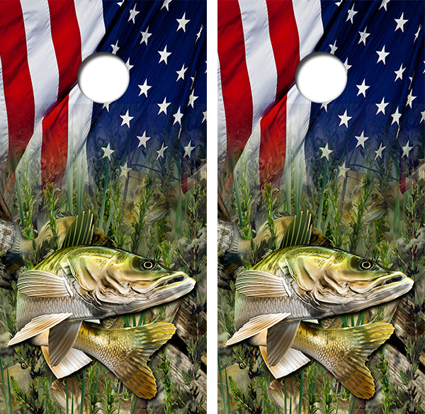 Walleye Fish American Flag Cornhole Design